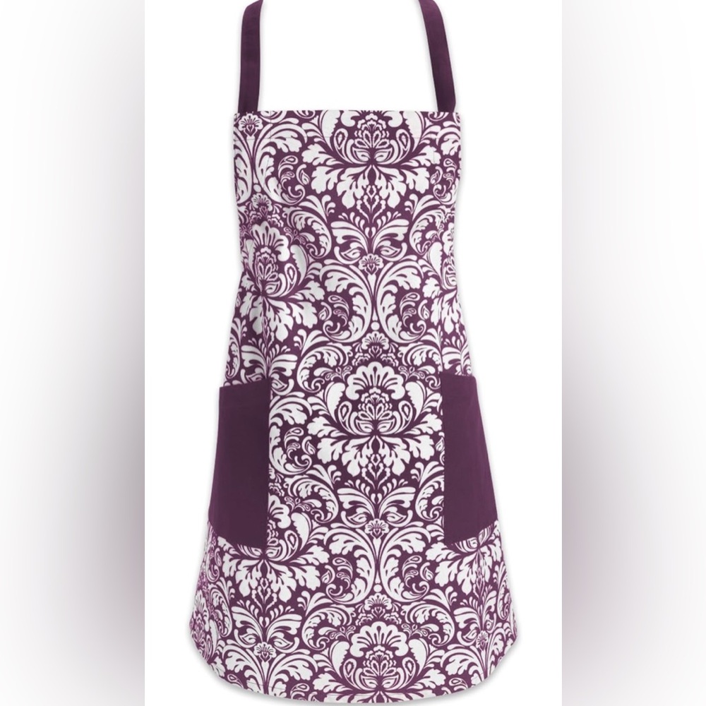 Unisex Chef Style Cotton Apron, Damask Eggplant 👩‍🍳👨‍🍳 NWT-BRAND NEW